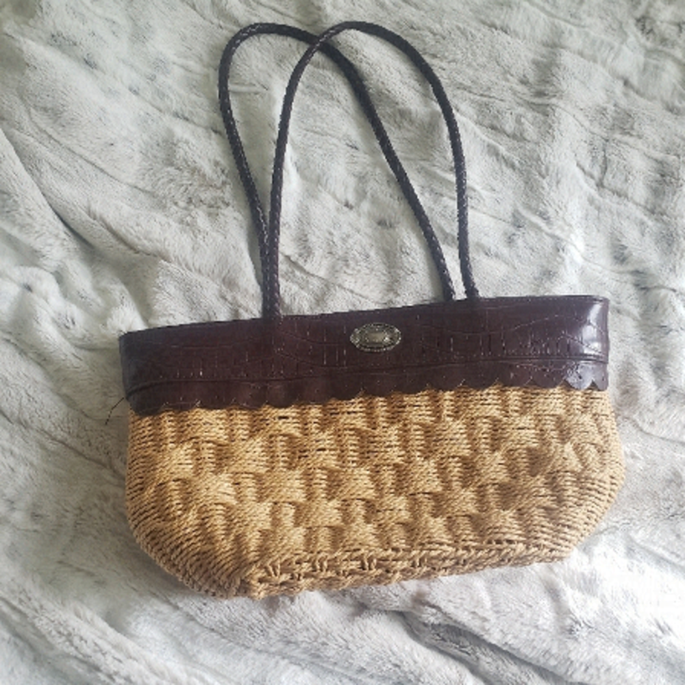 BUENO BOHO BOHEMIAN STYLE WOVEN STRAW FAUX-LEATHER ACCENTS PURSE BAG